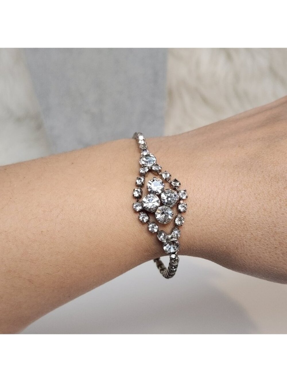 Vintage Art Deco Style Rhinestone Link Bracelet Silver Tone 1950s Retro Costume